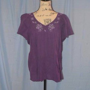 Dark Purple Embroidered Cotton Peasant Top Shirt Blouse 2X Gauze Short Sleeve